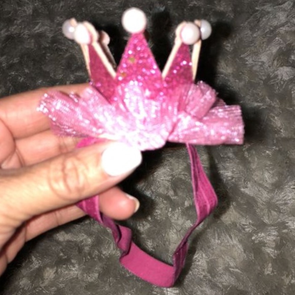 Pink glitter crown headband with faux pearls